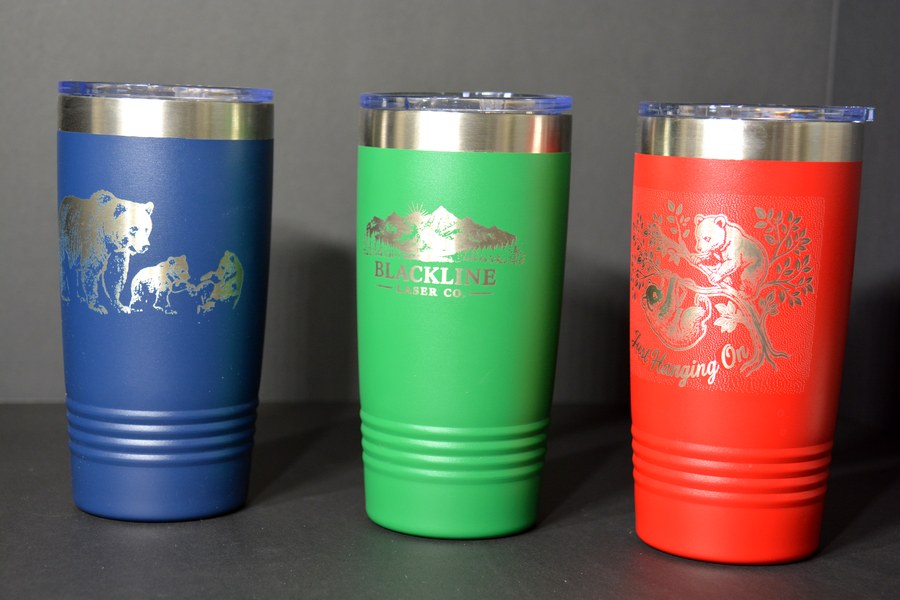 Custom laser engraved powder-coated steel tumblers in multiple colors